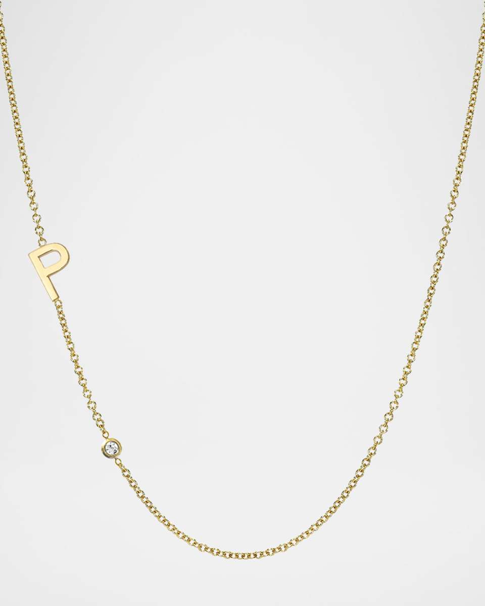 14k Gold Asymmetrical Initial and Bezel Diamond Necklace
